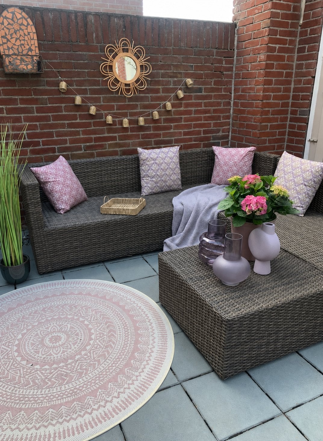 Mooie taupe kunststof loungeset met zitkussens, Ophalen, Kunststof, Gebruikt, 3 zitplaatsen