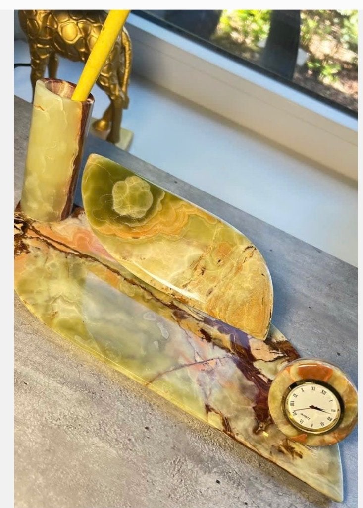 Edelsteen onyx bureau set, klok, penhouder, briefstand, Ophalen of Verzenden, Zo goed als nieuw, X, X