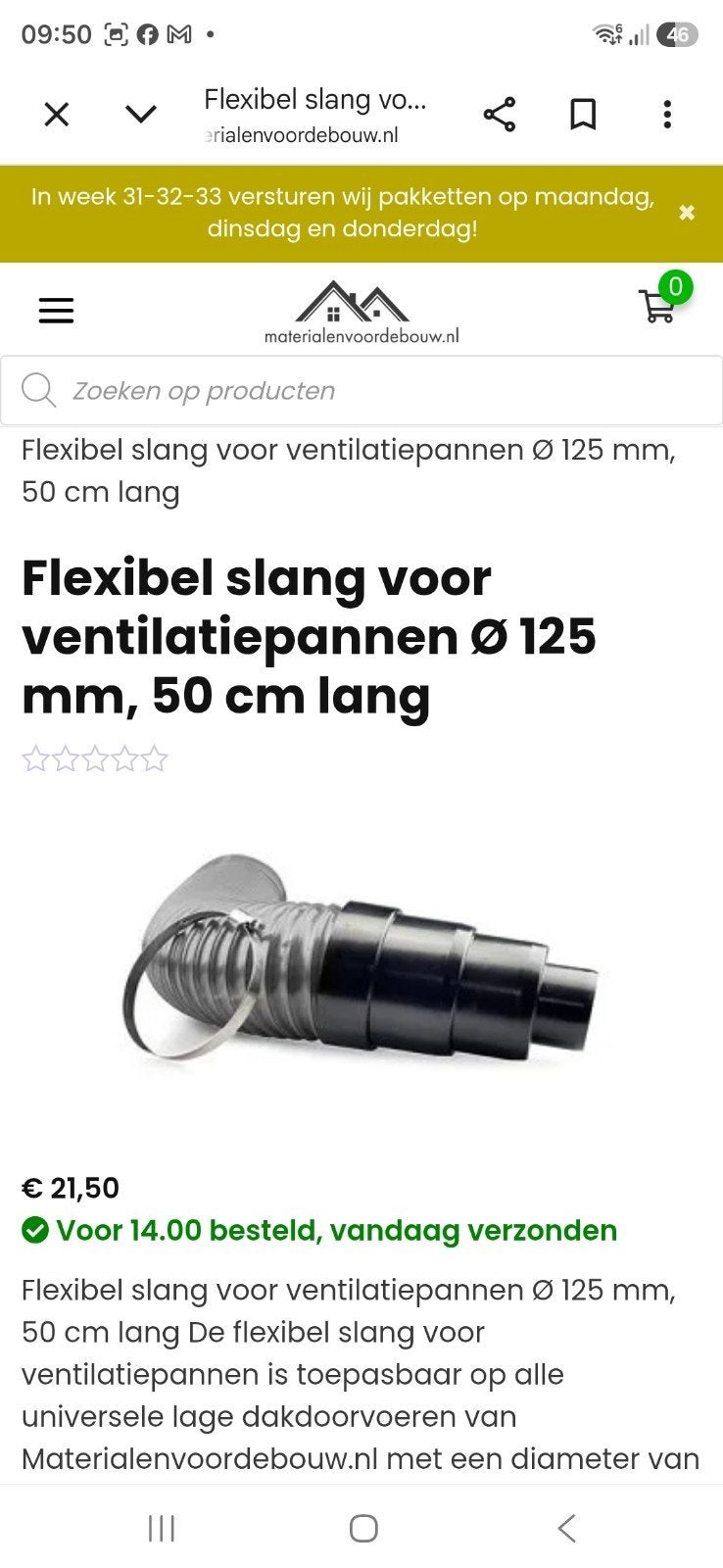 Nieuwe ventilatiepan Ø125 mm met flexibele slang 50 cm, Doe-het-zelf en Verbouw, Ventilatie en Afzuiging, Ophalen of Verzenden