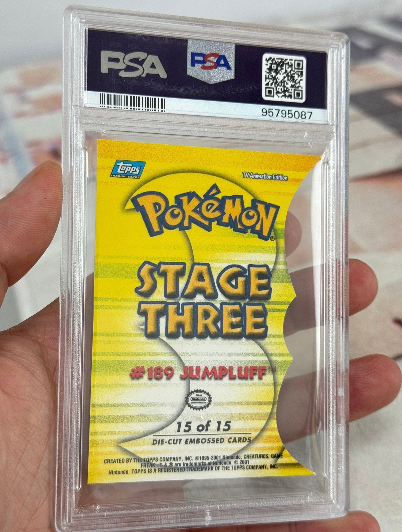 2001 Topps Pokemon Johto series 1 Jumpluff die-cut #15 PSA-7, Ophalen of Verzenden, Zo goed als nieuw, Losse kaart, Foil