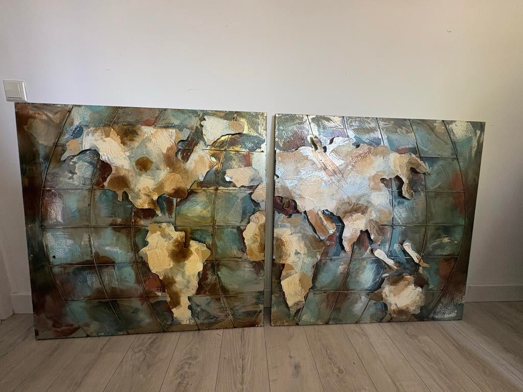 Metalen Wereldkaart Kunstwerk - Set van 2 loods 5 wandpaneel, Ophalen of Verzenden