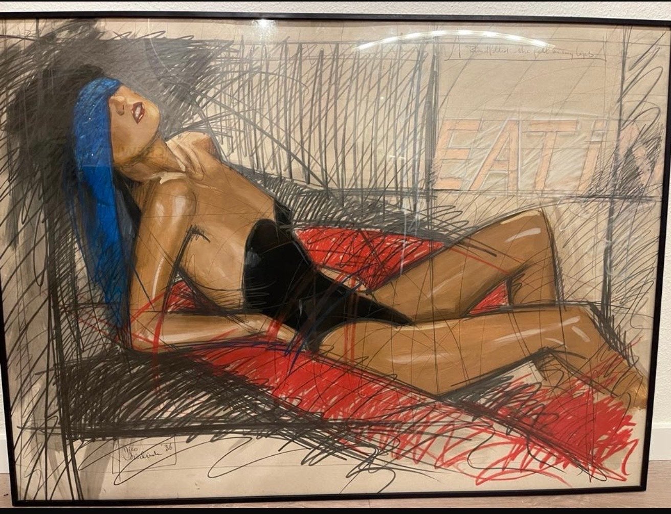 Nico Vrielink - Liggend naakt met blauw haar (1986), Antiek en Kunst, Kunst | Schilderijen | Klassiek, Portret of Personen, Realistisch