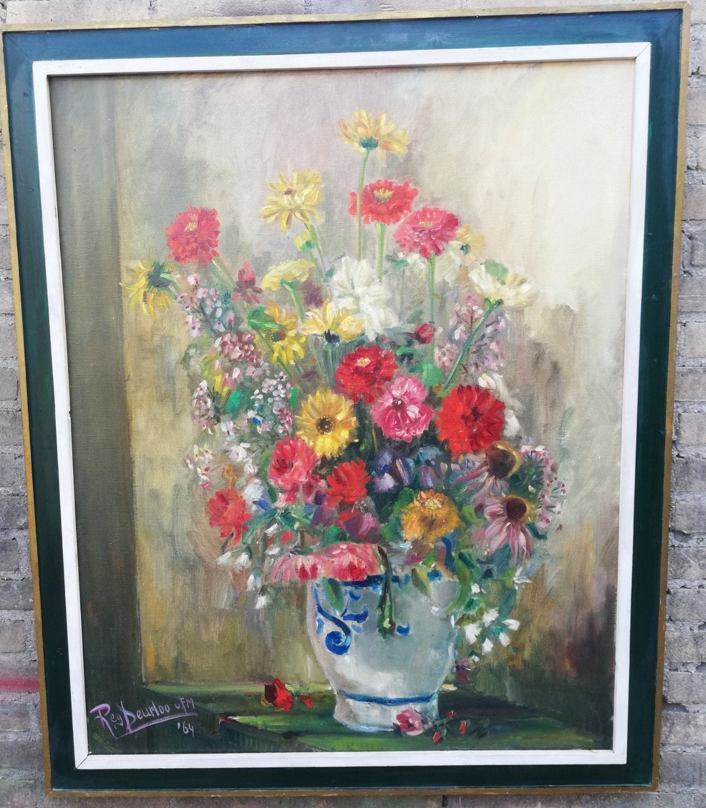 Boeket in Keulse pot. Sign. Olie/doek. 93/114 cm, Bloemen, Overige stijlen, Doek, Ophalen of Verzenden