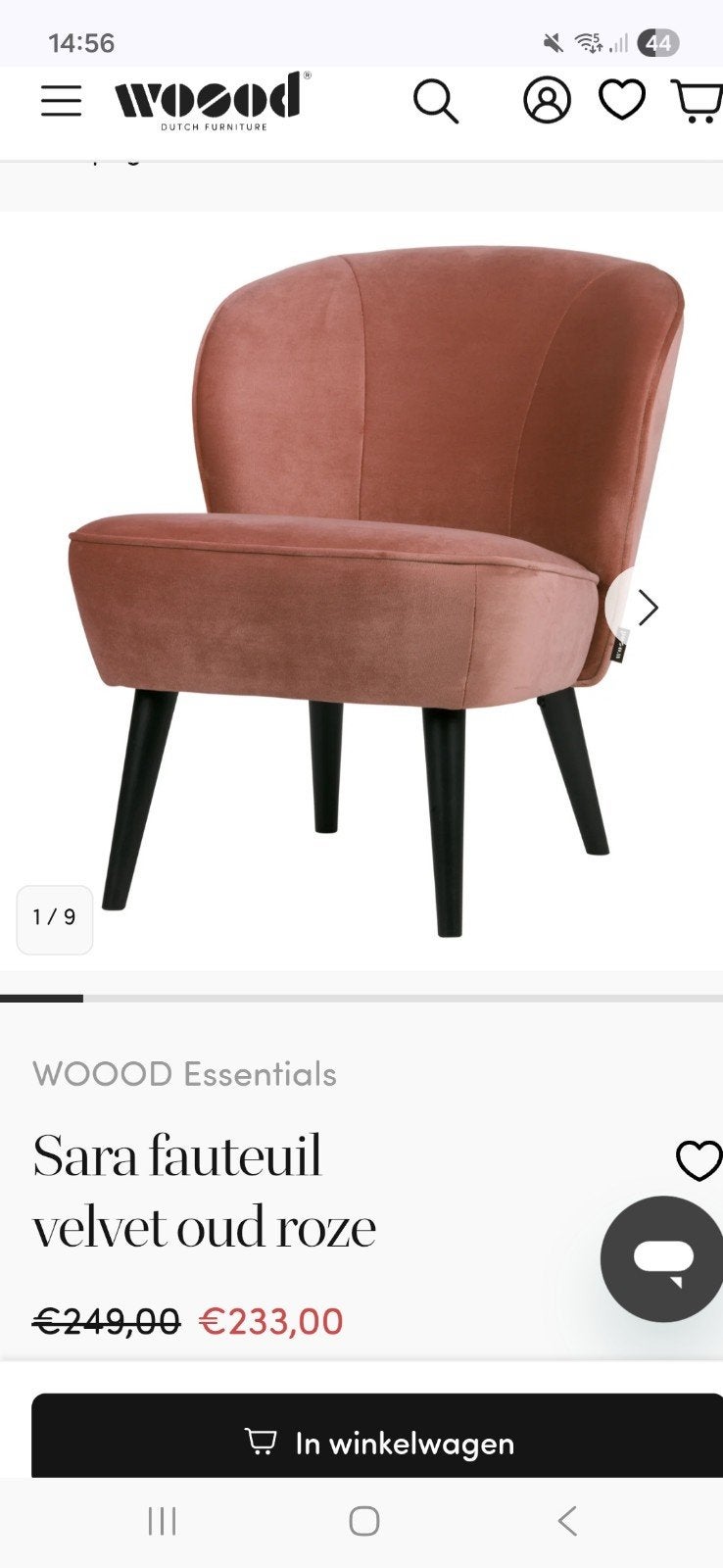 WOOOD Sara fauteuil velvet oud roze, Ophalen, Modern, Scandinavisch, 75 tot 100 cm, Zo goed als nieuw