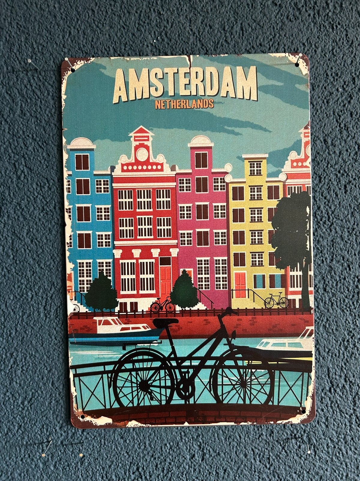 Metalen bord Amsterdam 20x30 cm, Vintage, Gebruikt, Meerkleurig, Ophalen of Verzenden