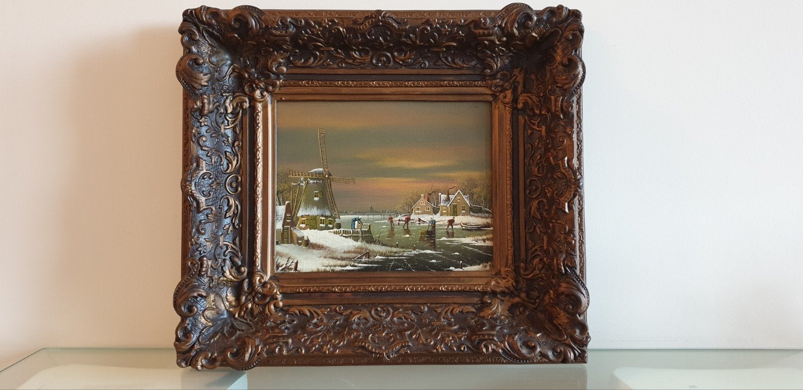 Schilderij Hollands winterlandschap met molen en schaatsers, Ophalen