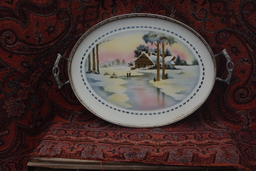 Antieke ovale dienblad met winters landschap, Ophalen of Verzenden