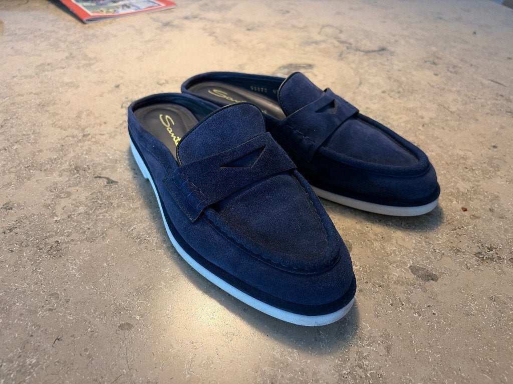 Santoni suède slip-on instappers - nauwelijks gedragen, Blauw, Instappers, Ophalen of Verzenden, Zo goed als nieuw