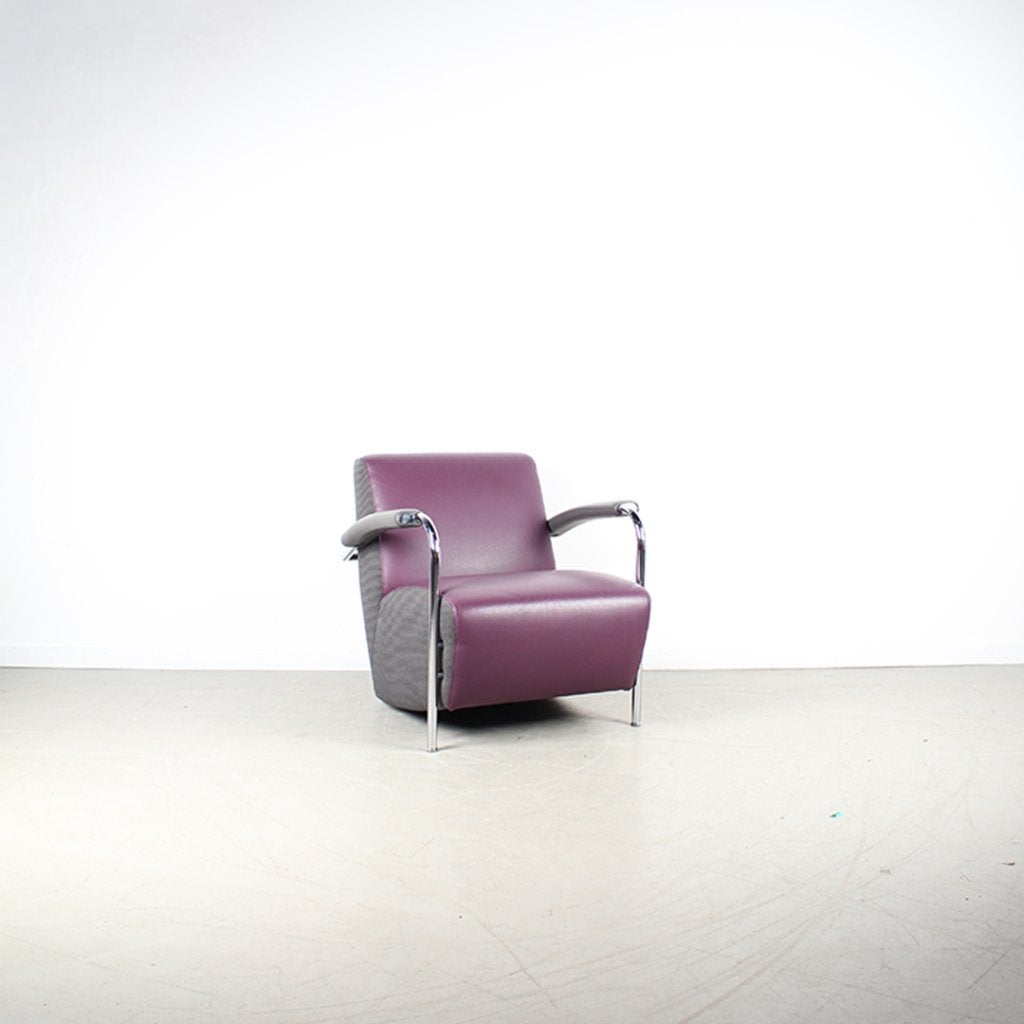 1x Leolux Scylla Fauteuil Laag Paars Leer/Grijs Stof+ Hocker, Niet ingevuld, Niet ingevuld, 75 tot 100 cm, Ophalen of Verzenden