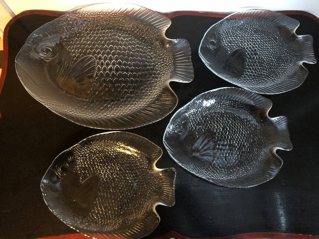 Arcoroc France Poisson glazen visschaal en 3 bordjes, Ophalen of Verzenden, Overige stijlen, Compleet servies, Glas