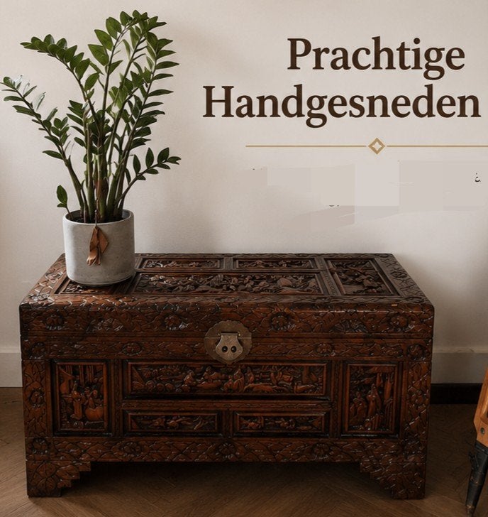 Prachtige Handgesneden Houten Kist, Ophalen