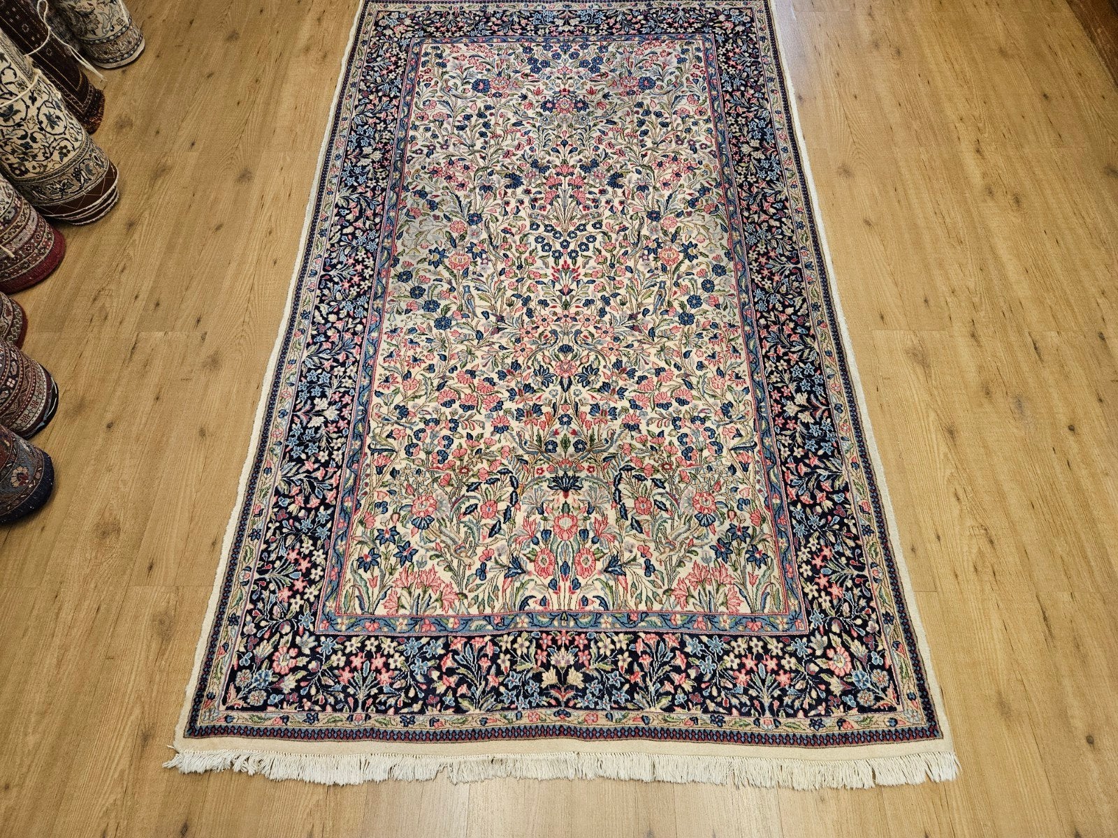 Vintage handgeknoopt perzisch tapijt kirman 256x148, Info@SlatsAntiek.nl, Tweedehands, Perzisch, 150 tot 200 cm