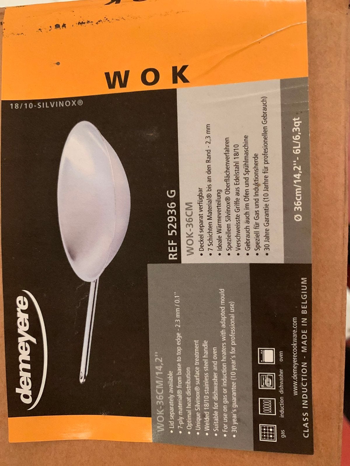 Demeyere wok pan 36 CM inductie of gas, Huis en Inrichting, Keuken | Potten en Pannen, Demeyere, Verzenden, Nieuw, Rvs