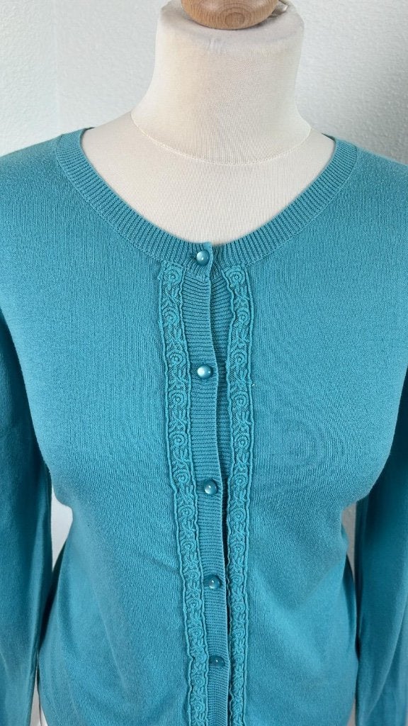 King Louie maat L turquoise cardigan vestje 948, Kleding | Dames, Blauw, Maat 42/44 (L), Ophalen of Verzenden, Zo goed als nieuw