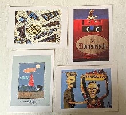Dommelsch Ansichtkaarten kunst 4 st., Verzamelen, Biermerken, Gebruikt, Reclamebord, Plaat of Schild, Dommelsch, Ophalen of Verzenden