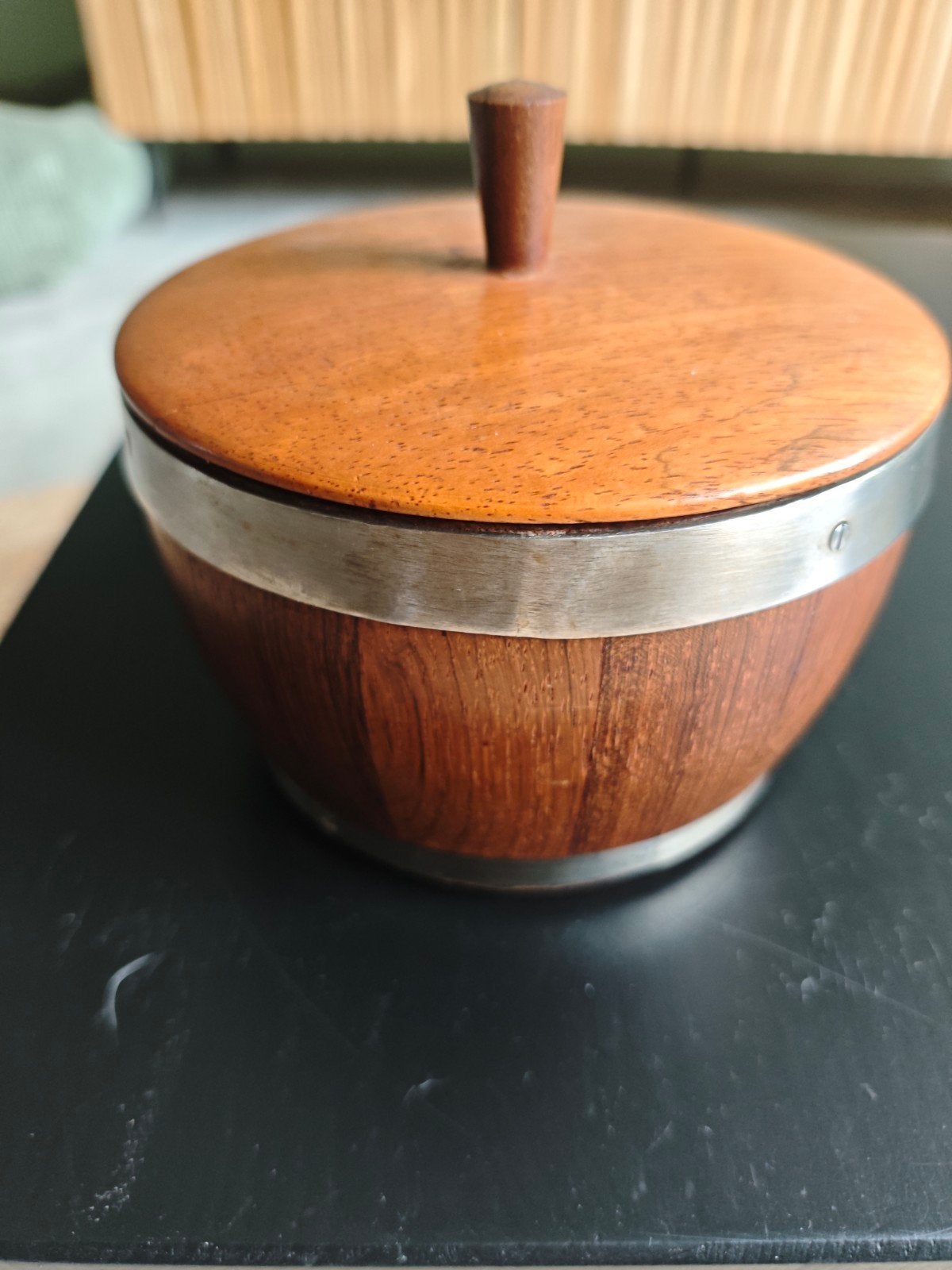 vintage teak tabaksdoos, serveertrommel, Ophalen