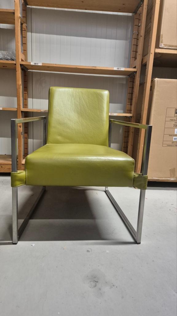 Bert Plantagie Design Fauteuil - Groen Leer, Huis en Inrichting, Fauteuils, Gebruikt, Leer, Metaal, 50 tot 75 cm, 75 tot 100 cm