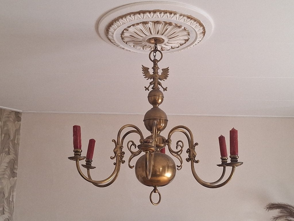 Antieke koperen kroonluchter met 5 armen, Ophalen, Gebruikt, E14 (klein), Klassiek, Antiek, Barok