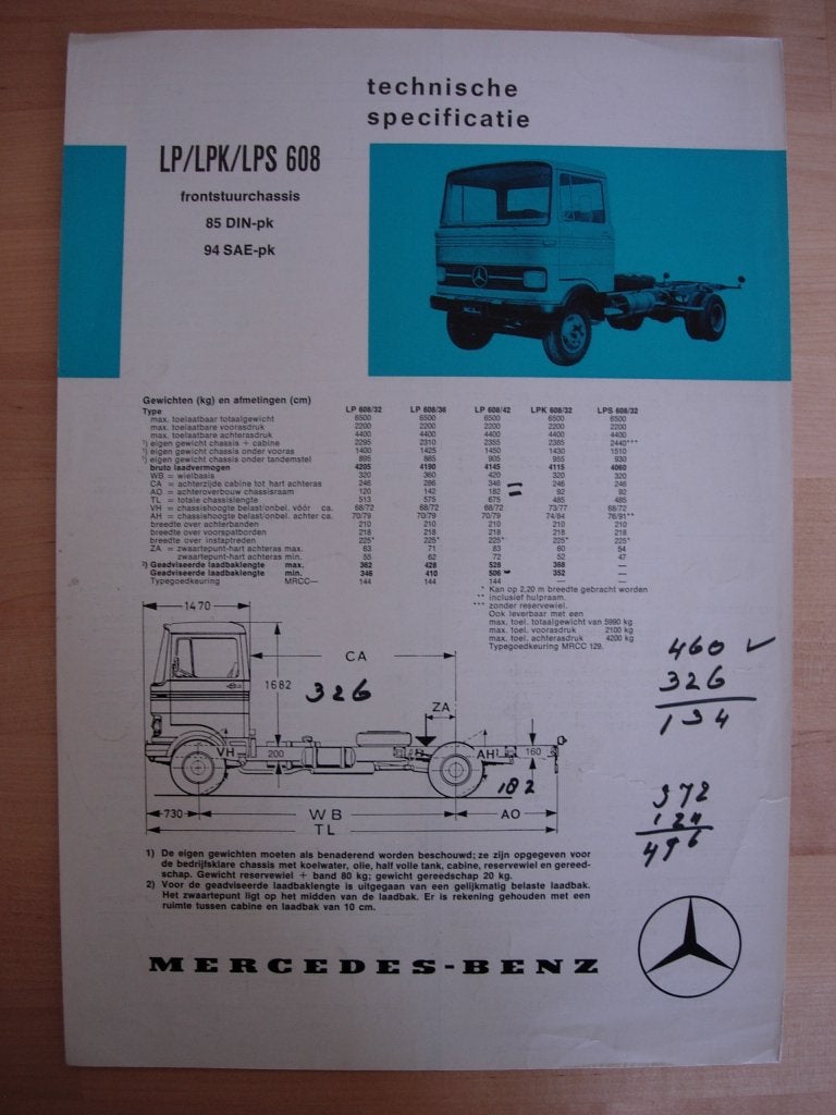 Mercedes LP LPK LPS 608 Technische Specificatie folder 1974, Zo goed als nieuw, Mercedes-Benz, Mercedes, Ophalen of Verzenden