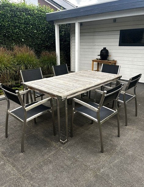 dining tuinset / 2 tafels en 6 stoelen, Ophalen, Gebruikt, 6 zitplaatsen, Teakhout