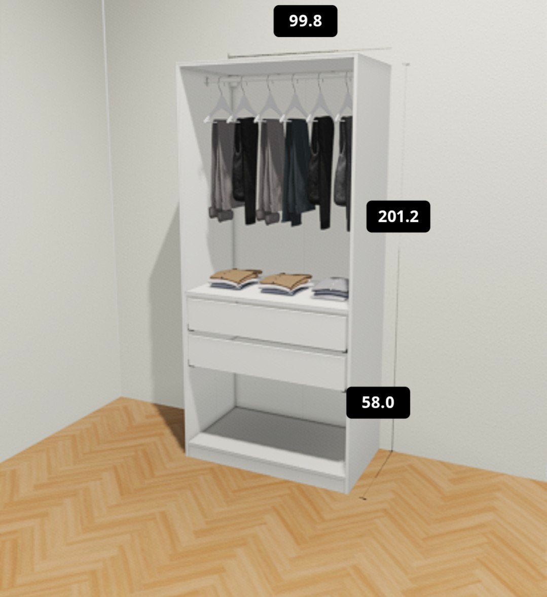 Witte Ikea Pax kast met 2 lades en hanggedeelte, Ophalen, Gebruikt, 200 cm of meer, 50 tot 100 cm