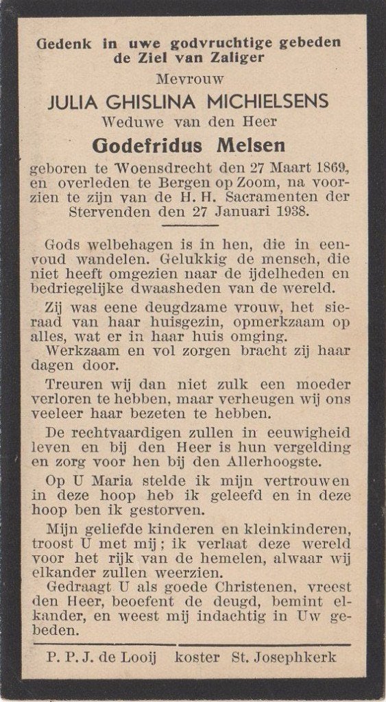 Julia Gh. Michielsen 1869 Woensdrecht + 1938 Bergen op Zoom, Ophalen of Verzenden
