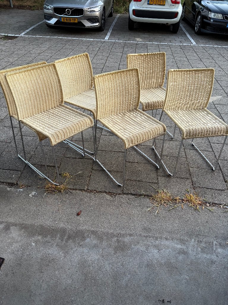 6x Vintage eettafel stoelen pierantonio Bonacina Italy S.21, Ophalen, Gebruikt, Wit, Design, rotan