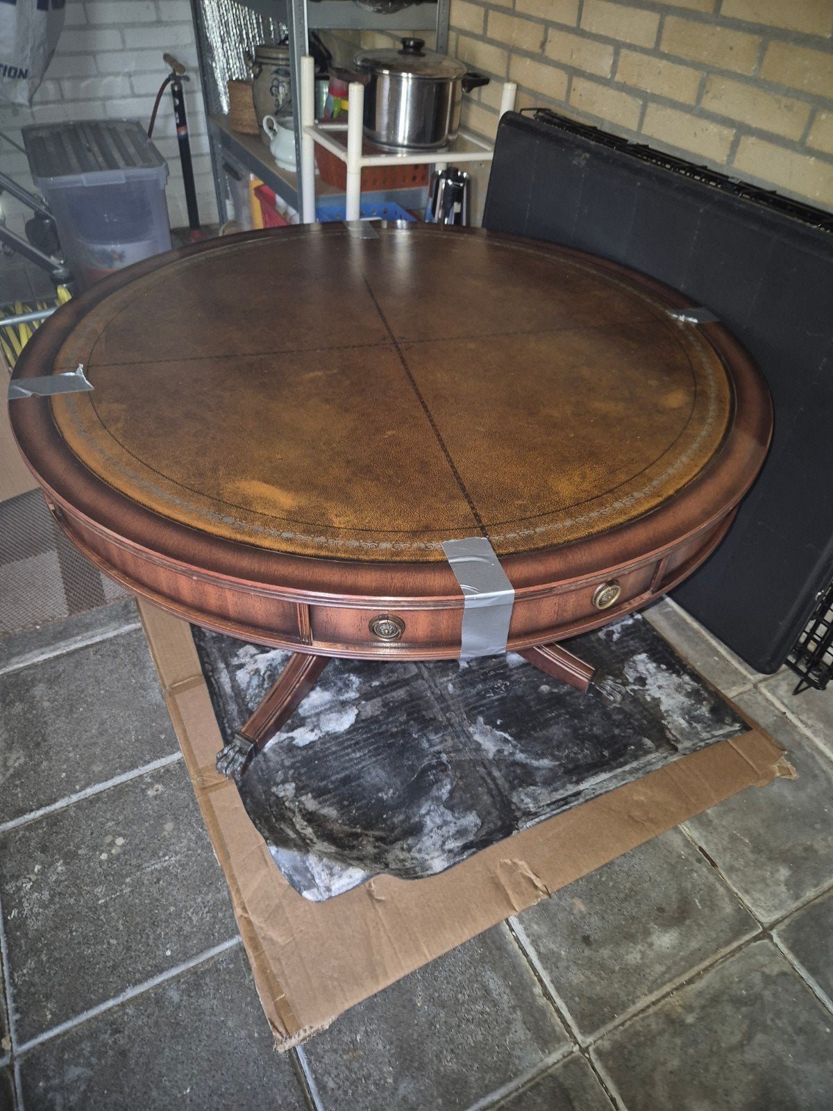 Ronde salontafel met leren blad, Ophalen of Verzenden
