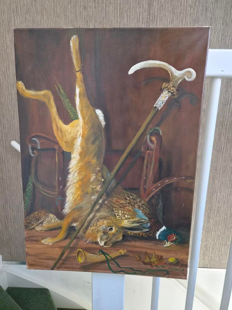 Schilderij van P. Dijken - Jachtstilleven met haas en fazant, Antiek en Kunst, Kunst | Schilderijen | Klassiek, Ophalen of Verzenden
