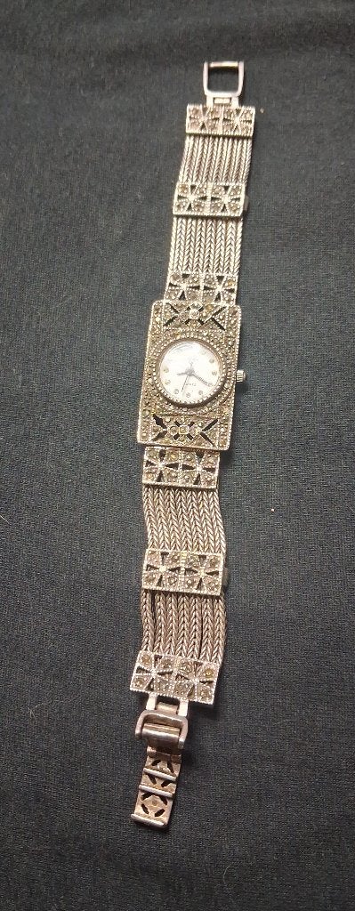 Vintage sterling zilveren horloge met marcasiet, Overige merken, Gebruikt, Polshorloge, Overige materialen