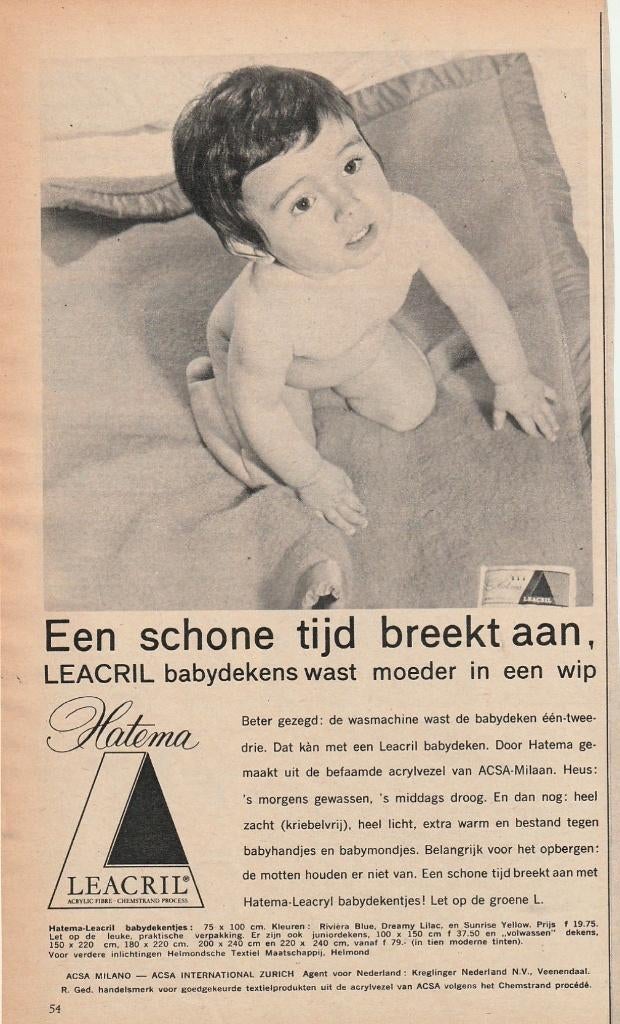 Retro reclame 1963 Leacril Hatema Roermond baby wollen deken, Verzamelen, Retro, Overige typen, Verzenden
