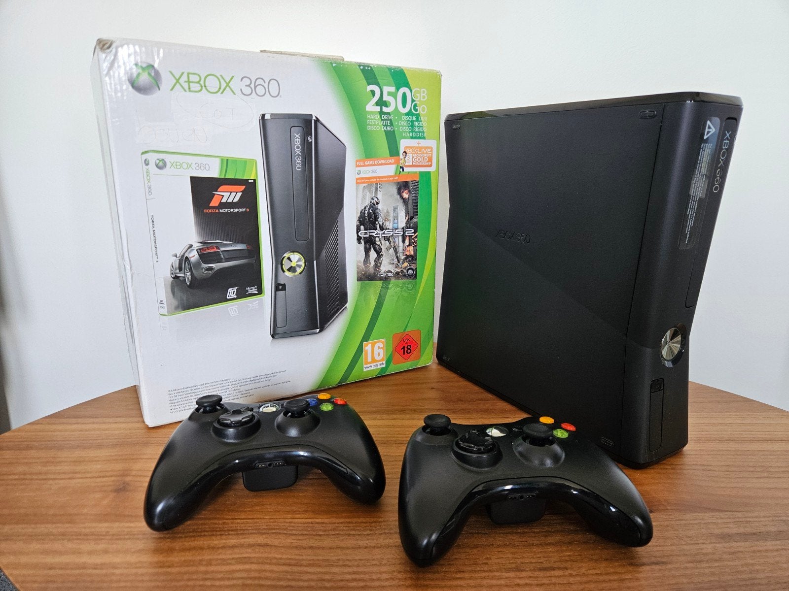 Xbox 360 S 250GB + 2 originele controllers + originele doos, Met 2 controllers, Xbox One S, Ophalen of Verzenden, Met harde schijf