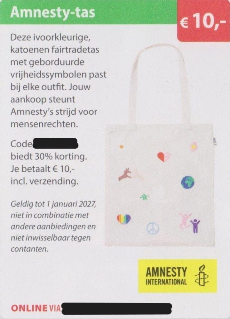Amnesty-tas. 30% korting. € 10,-. inclusief verzending., Tickets en Kaartjes, Eén persoon, Kortingsbon, Warenhuis- of Winkelbon