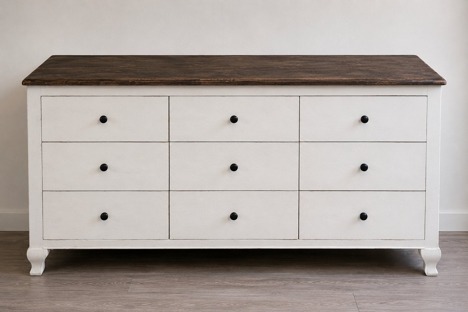 Landelijke ladekast / dressoir wit met houten blad – 9 lades, Ophalen, 100 tot 150 cm, 5 laden of meer, Zo goed als nieuw