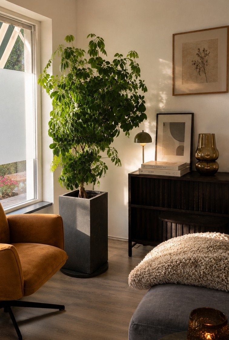 Grote Schefflera kamerplant in stijlvolle pot, Ophalen, Overige soorten, Halfschaduw, In pot