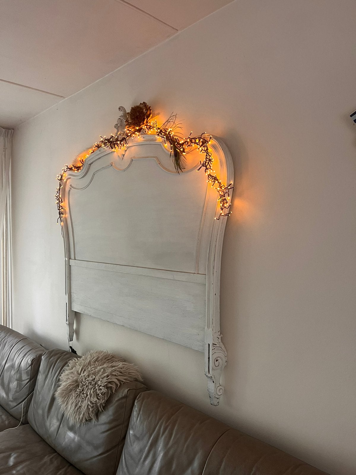 Oud houten hoofdbord - Decoratief wandpaneel, Ophalen, Gebruikt, Wit, Tweepersoons