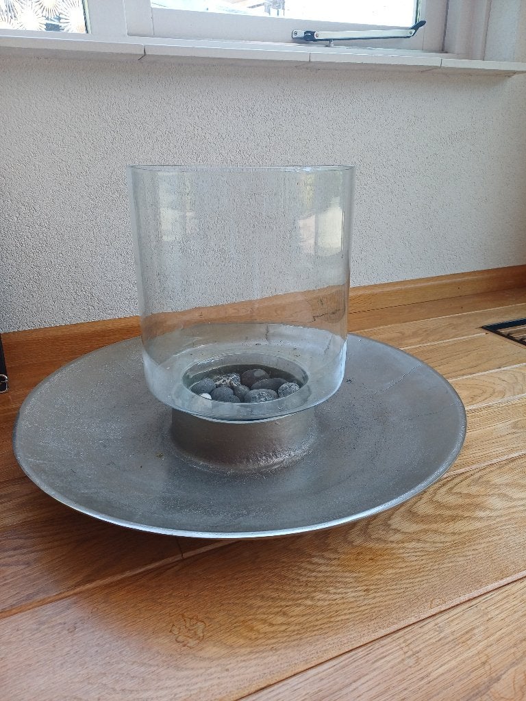 Glazen vaas met roestvrij stalen schaal, Ophalen, Zo goed als nieuw, Glas, 40 cm
