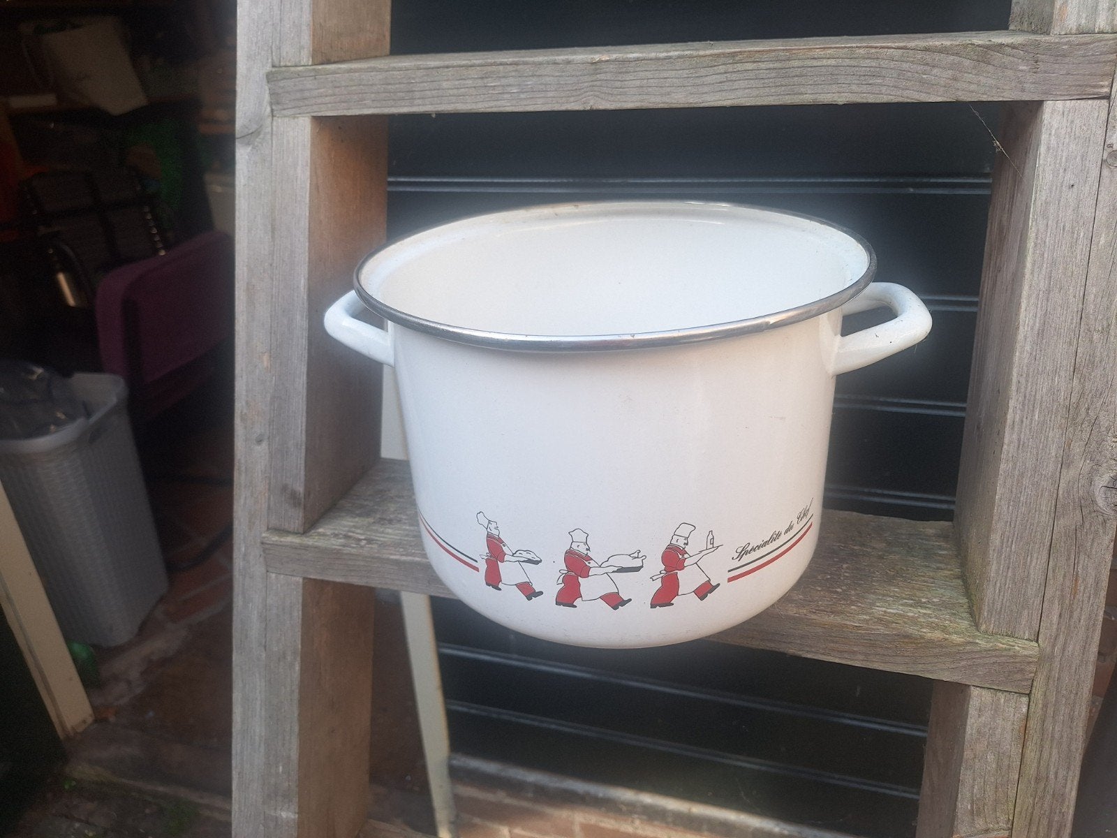 Vintage emaille pan met chef-kok decoratie, Ophalen