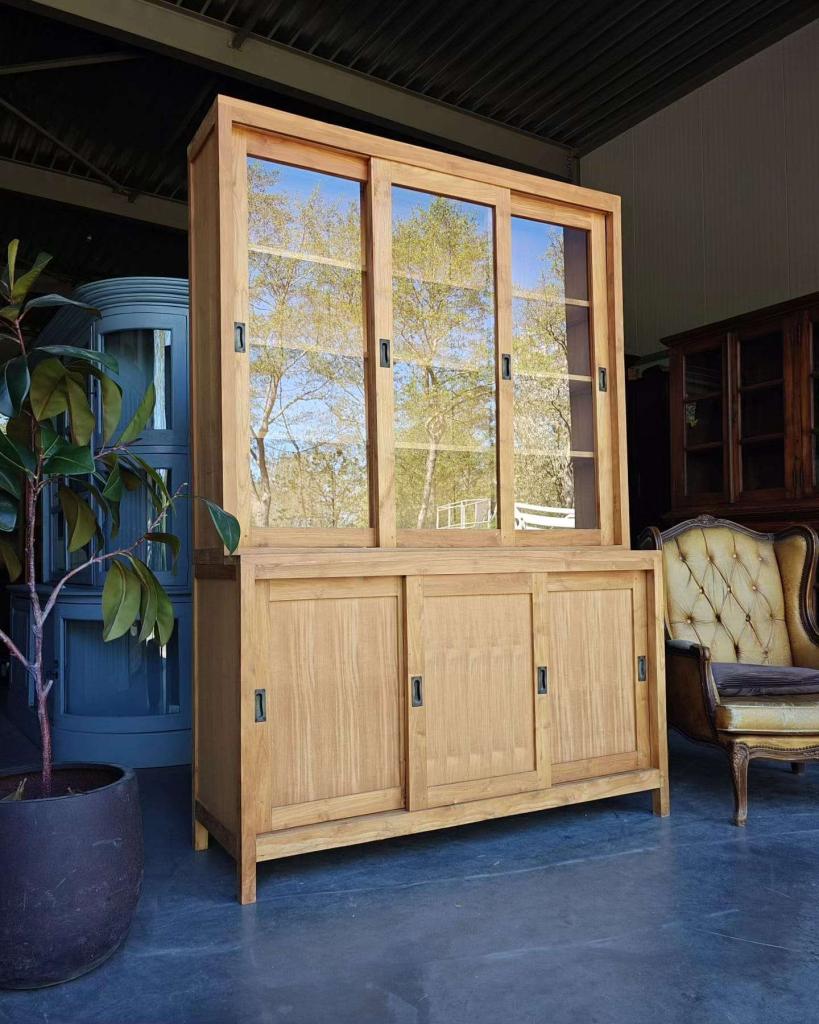 Vintage teakhouten schoolkast - Buffetkast | Vitrine #2721, Niet ingevuld, 100 tot 150 cm, 200 cm of meer, Niet ingevuld