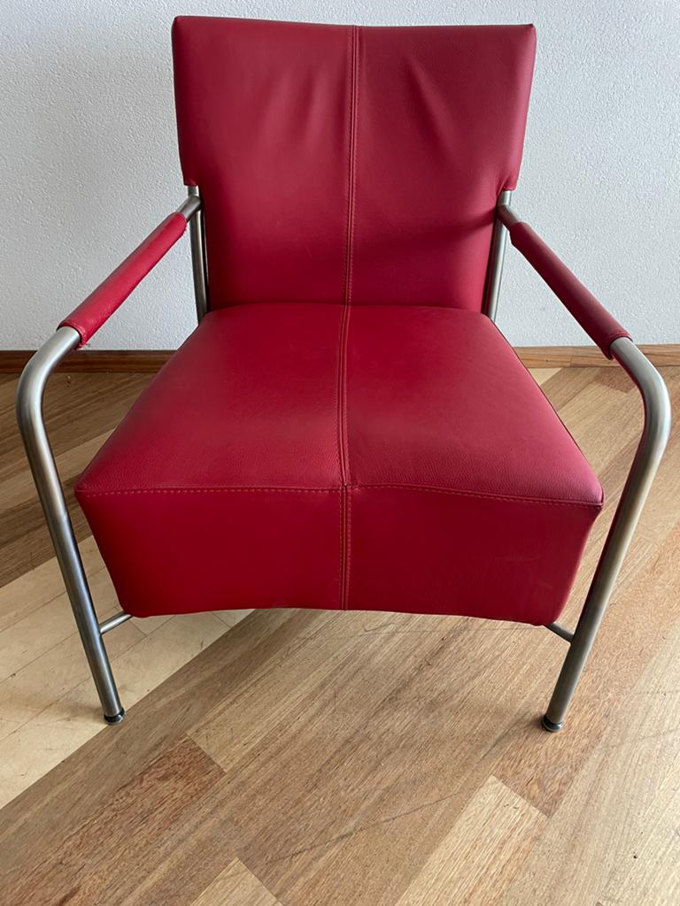 Bert Plantagie stoel - Rood leer met metalen frame, Huis en Inrichting, Stoelen, Ophalen, Gebruikt, Leer, Eén