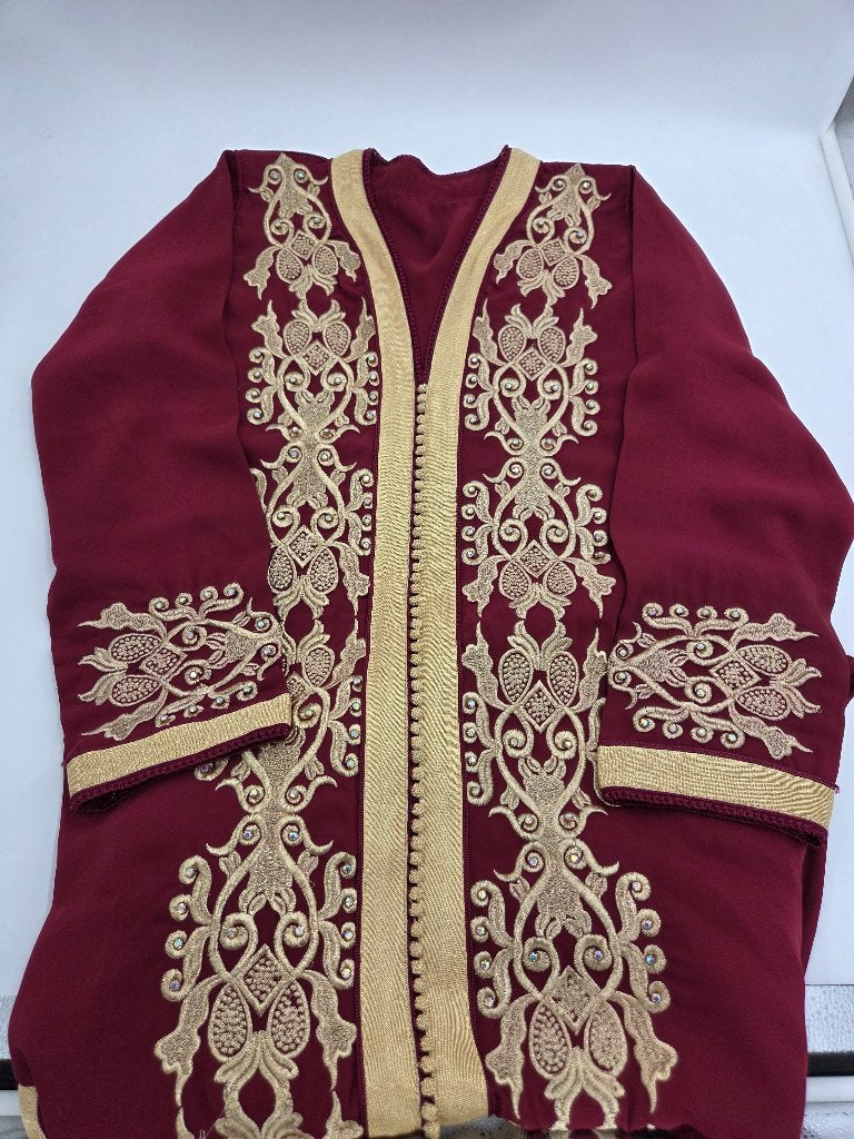 Marokkaanse Kaftan Bordeaux Rood met Gouden Borduursels| M/L, Maat 38/40 (M), Ophalen of Verzenden, Zo goed als nieuw, Rood