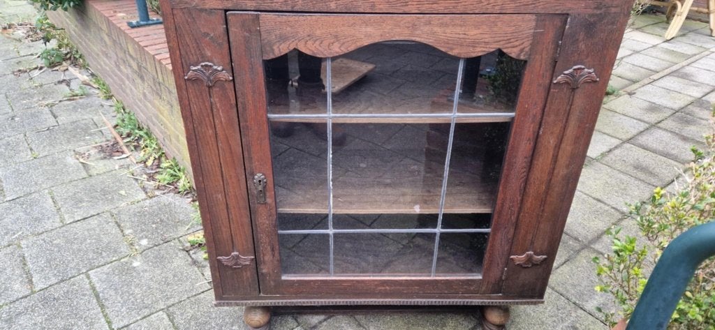 Houten (thee)kastje + glas in lood in het deurtje (brocante), Ophalen, Gebruikt