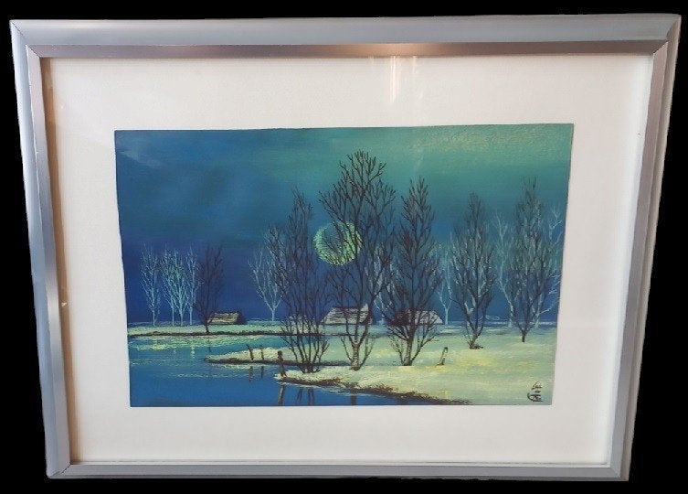 Luc De Ro blauw landschap., Ophalen of Verzenden, Origineel werk, Gouache, Papier