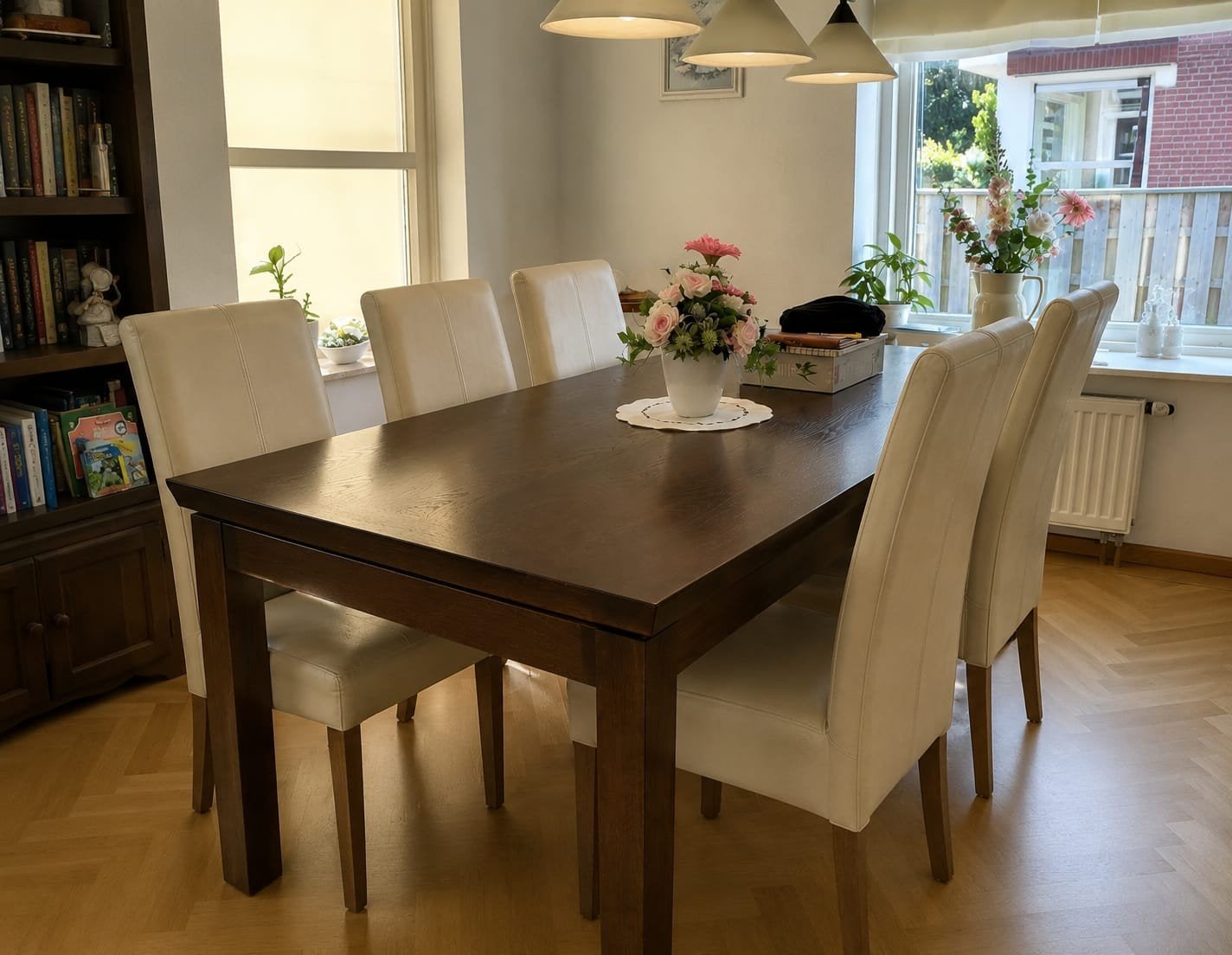 Set van 6 crèmekleurige eetkamerstoelen, Huis en Inrichting, Ophalen, Hout, Gebruikt, Overige kleuren