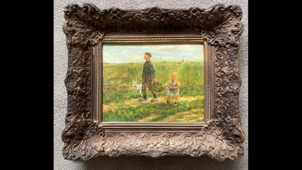 Schilderij kinderen met geitje, Antiek en Kunst, Kunst | Schilderijen | Klassiek, Ophalen of Verzenden