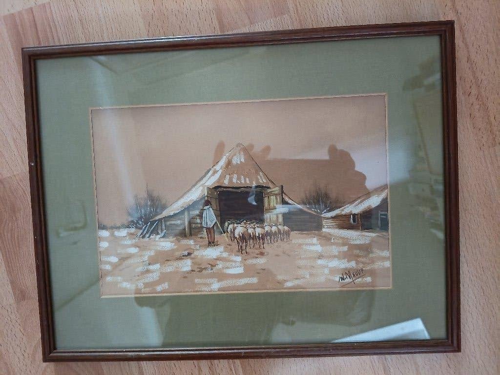 Aquarel schaapskooi, Antiek en Kunst, Nederlandse school, Achter glas, Ophalen of Verzenden, Landschap