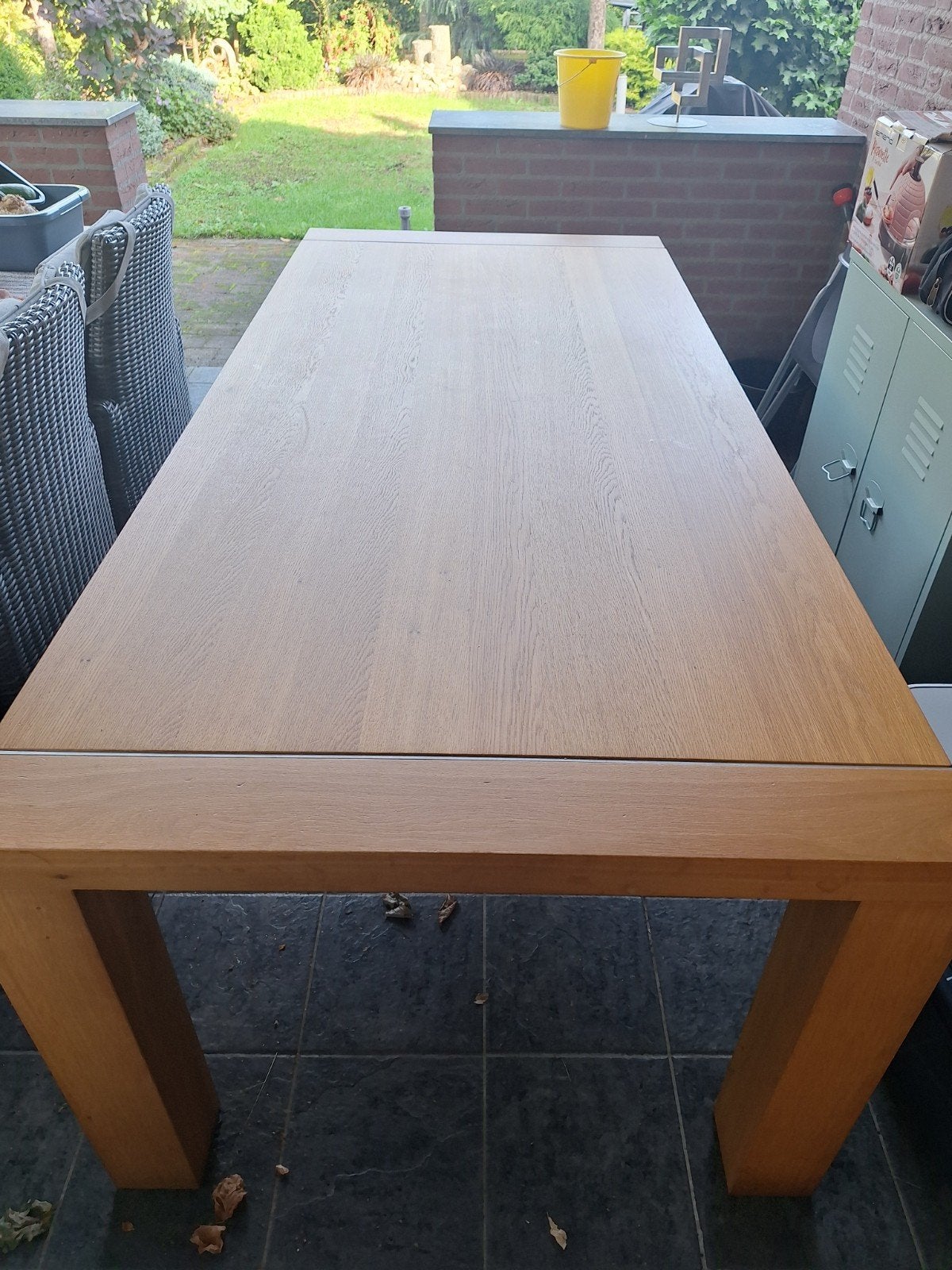 Robuuste eikenhouten eettafel 220-100 cm, Ophalen, Gebruikt, 100 tot 150 cm, Eikenhout