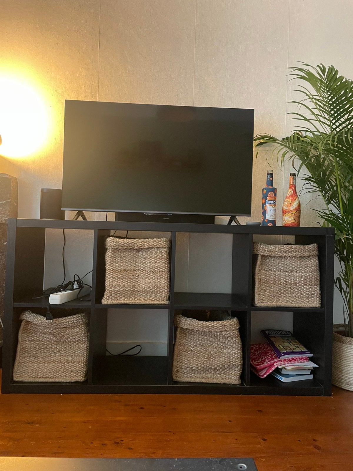 Zwarte IKEA Kallax kast, inclusief 4 manden, Ophalen, Gebruikt, 100 tot 150 cm, 25 tot 50 cm