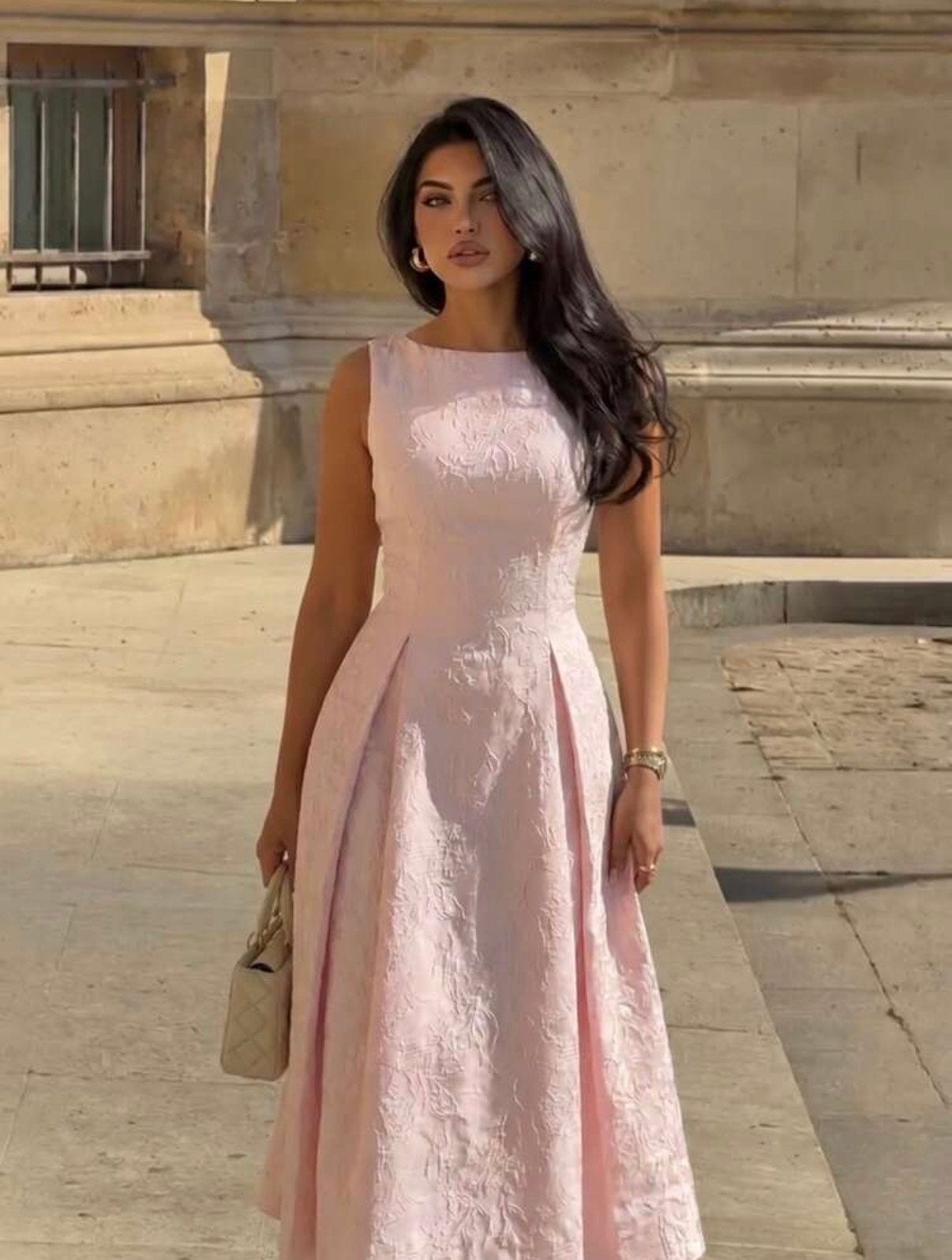 Elegante Roze Jacquard Midi Jurk, Ophalen of Verzenden, Zo goed als nieuw, Roze, Maat 36 (S)
