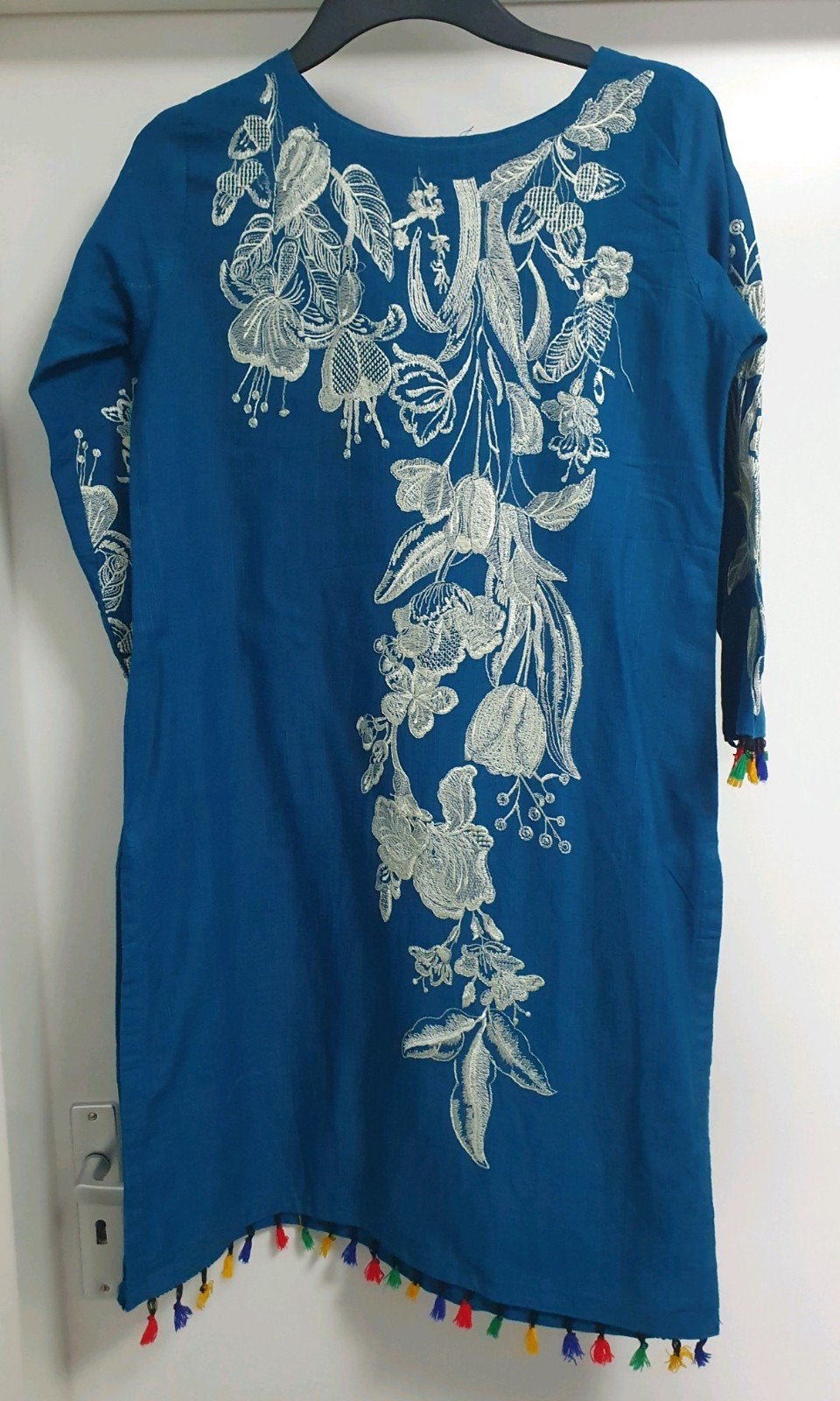 Blauwe tuniek met borduursel en kwastjes, Maat 38/40 (M), Blauw, Ophalen of Verzenden, Onbekend